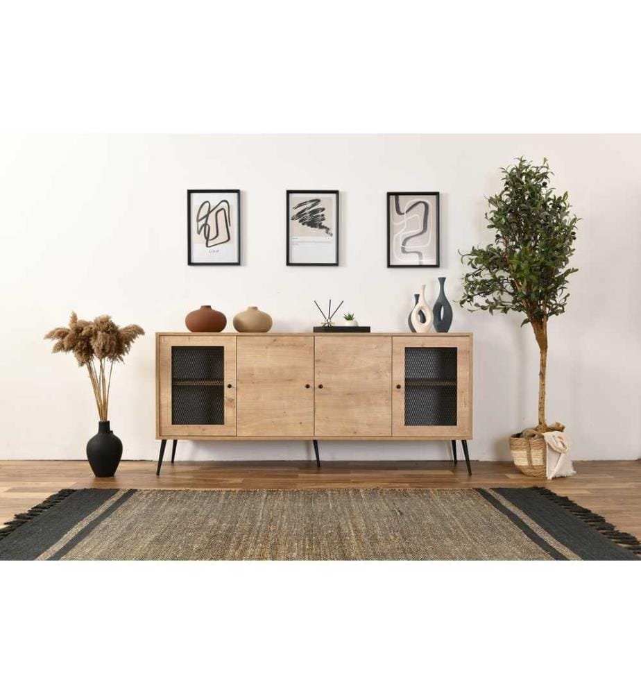 Console, chêne, panneau de particules revêtu, pieds en métal