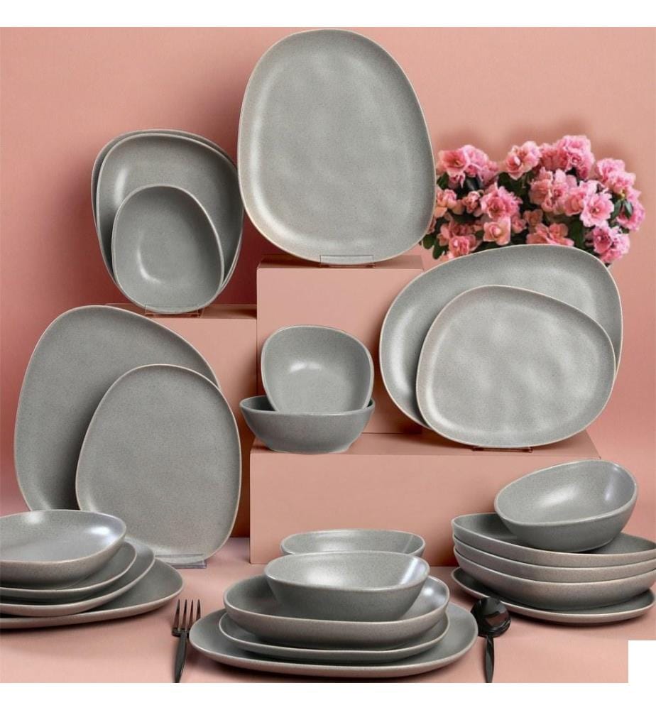 Service de table en céramique, 24 pièces, gris, 100 % GRÈS CÉRAMIQUE
