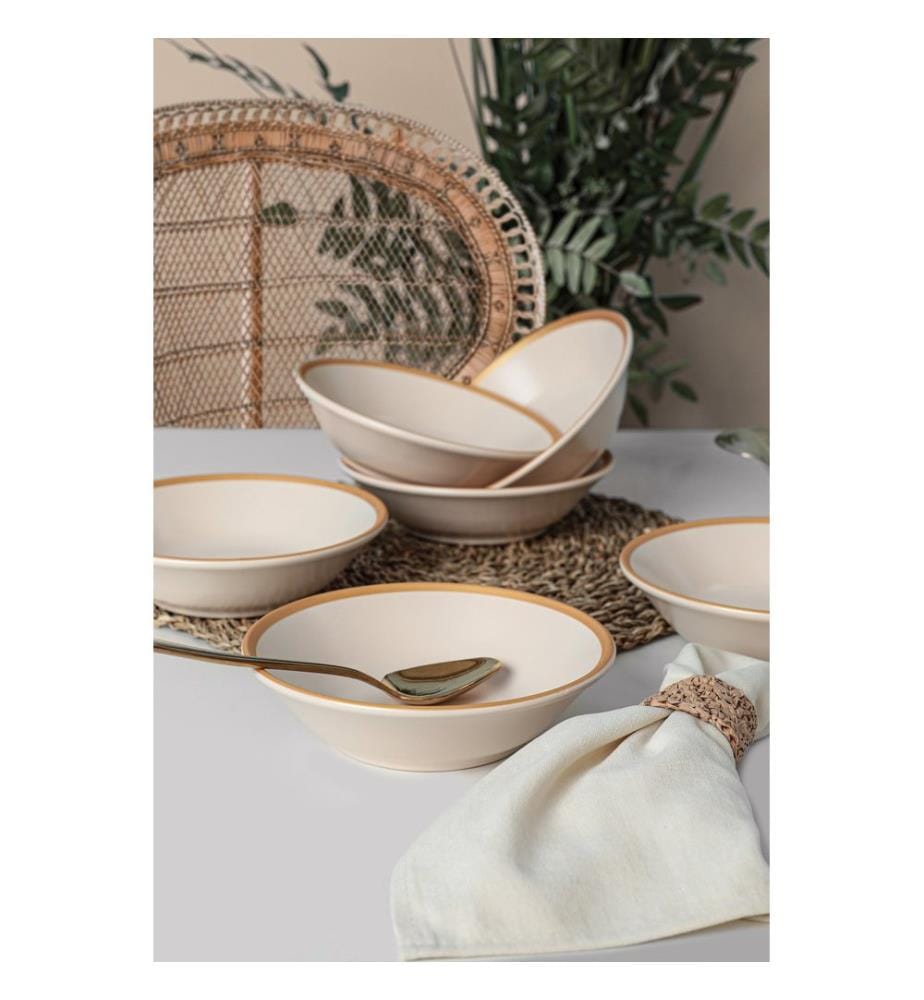 Service d'assiettes, 6 pièces, Crème, Or, 100% Ceramic, Antibactérien