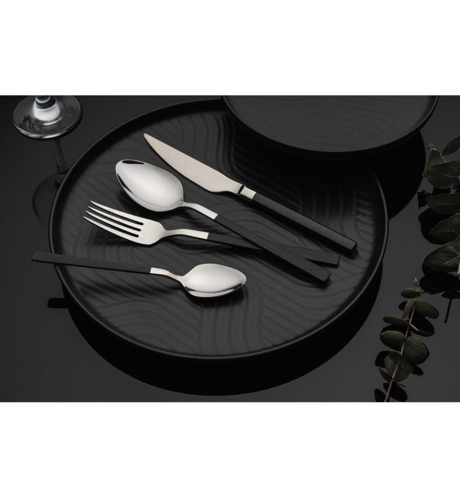 Ensemble de couverts, 16 pièces, chrome, noir, 100% acier inoxydable