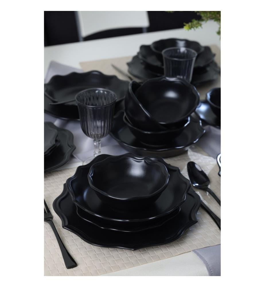 Service de table en céramique, 24 pièces, noir mat, 100 % GRÈS CÉRAMIQUE