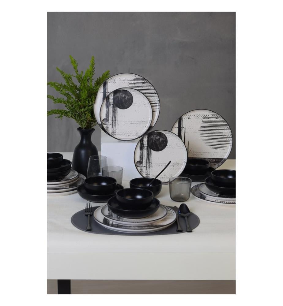 Service de table, 24 pièces, noir, blanc, 100 % GRÈS CÉRAMIQUE