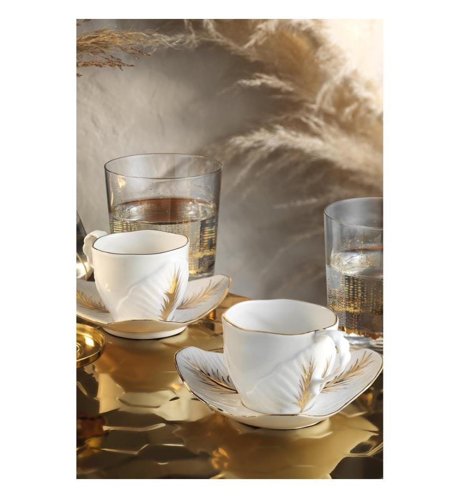 Set de tasses à café, 4 pièces, blanc, or, 100% Porcelain