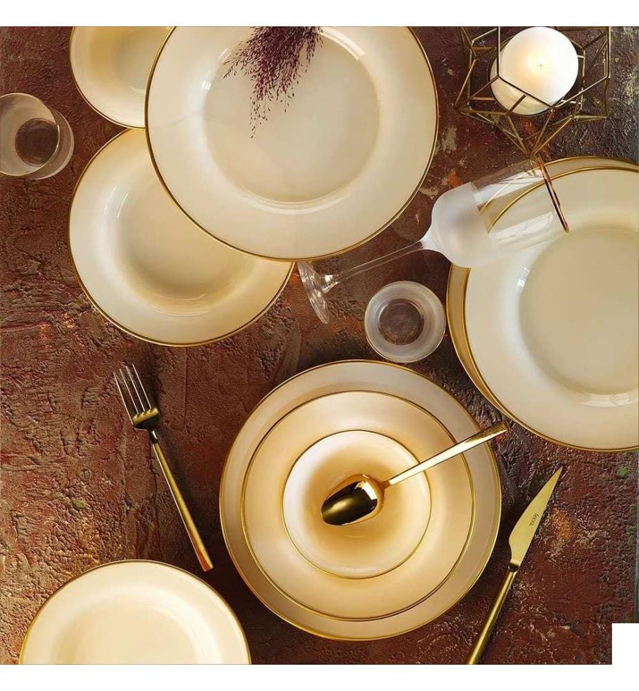 Service de table, 18 pièces, crème, doré, 100 % VERRE