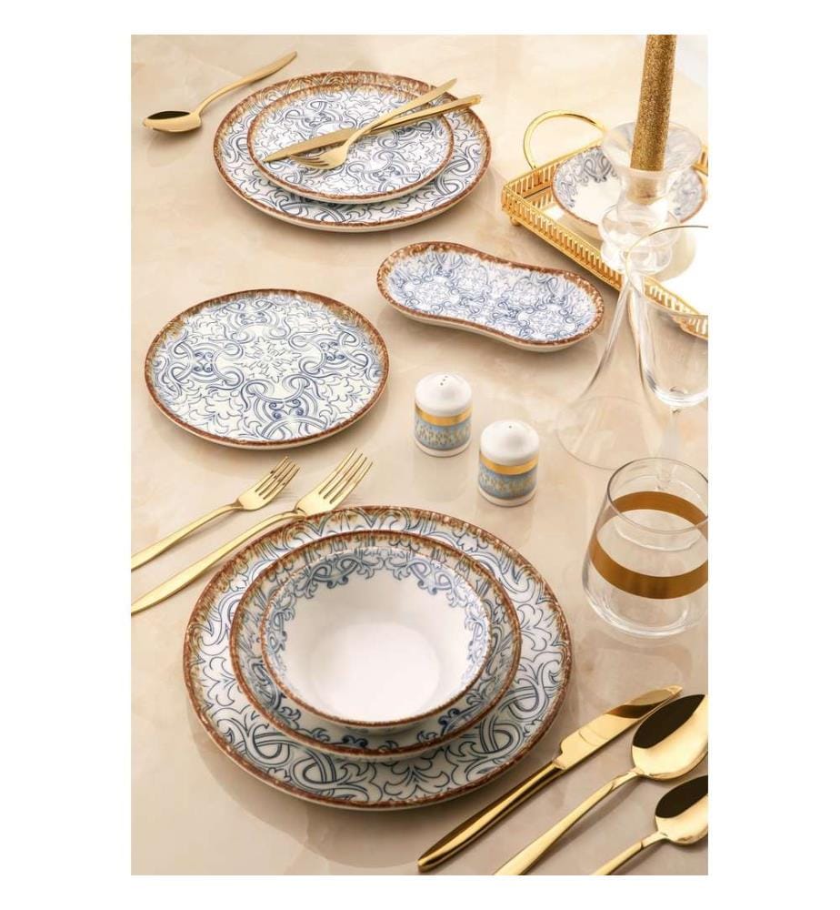 Service de table, 27 pièces, Bleu, Marron, Blanc, 100% Porcelain