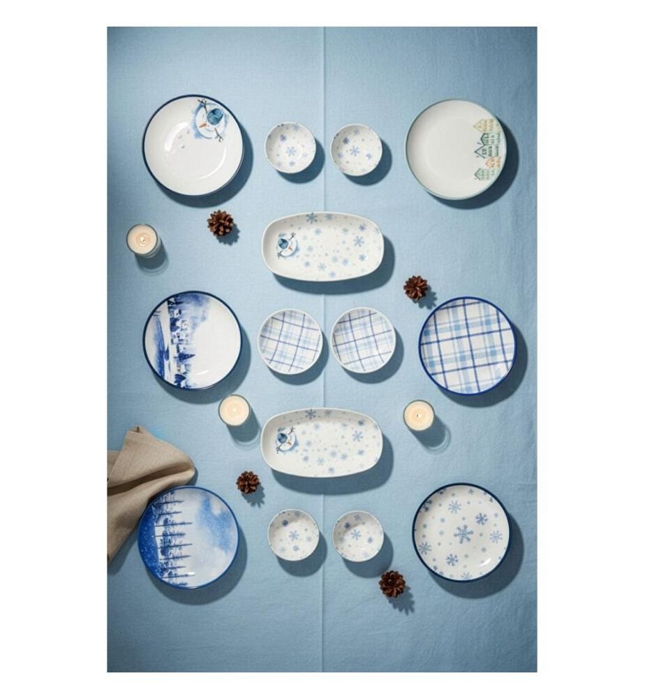 Service à petit-déjeuner, 14 pièces, 100 % porcelaine, bleu, blanc, vert