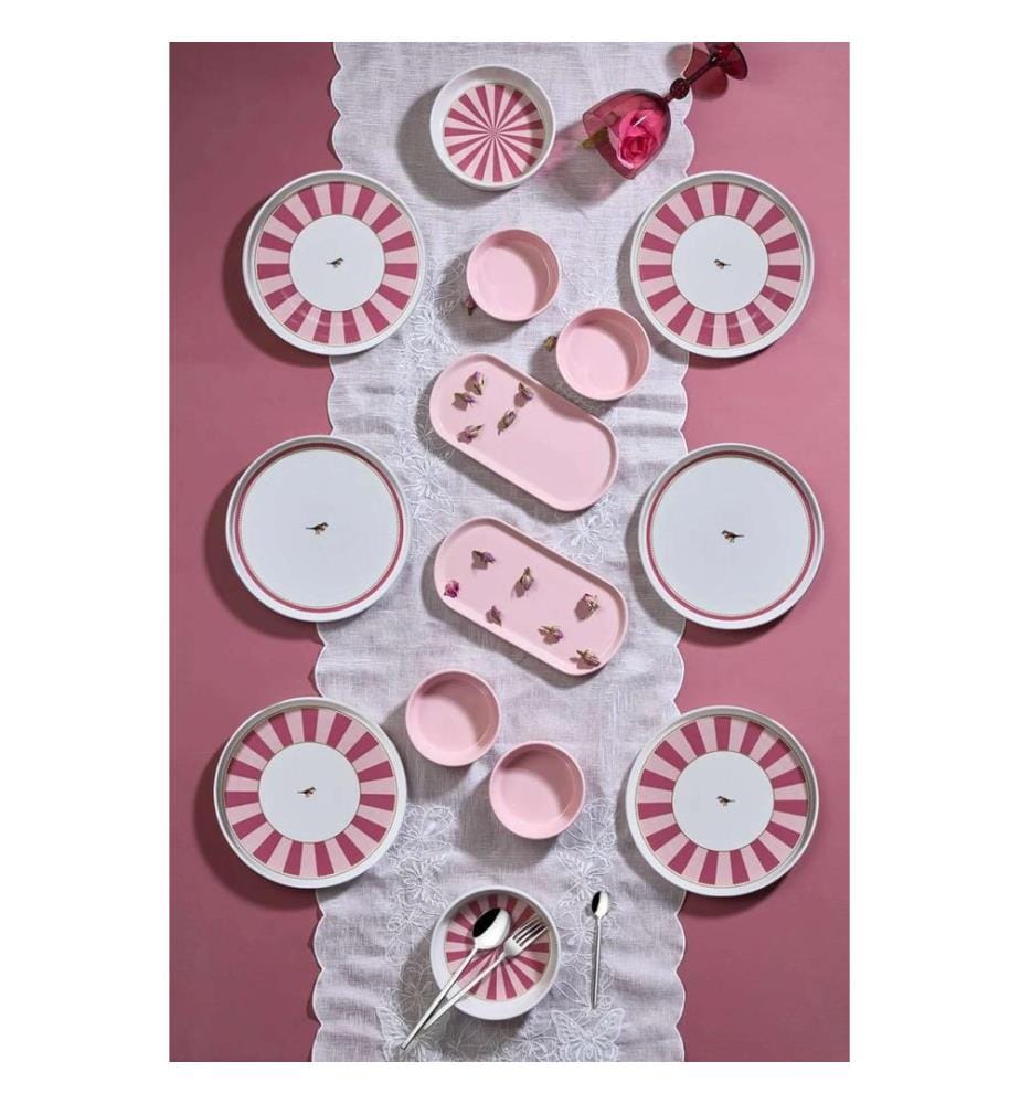 Service à petit-déjeuner, 14 pièces, 100 % céramique, rose, rouge