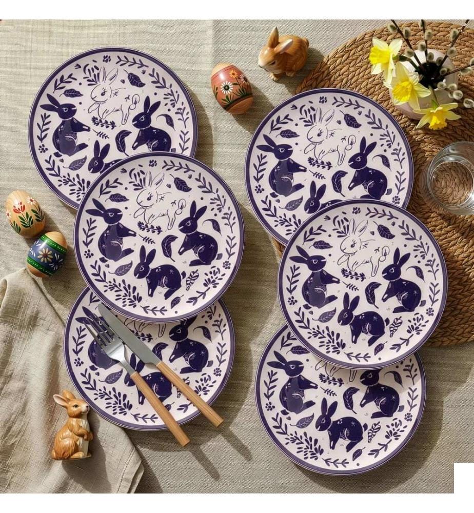 Service d'assiettes à dessert, 6 pièces, 100 % céramique, violet et blanc