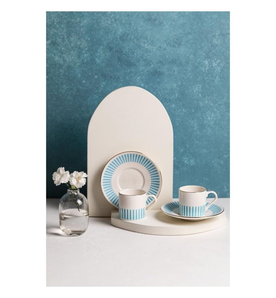 Service à café, 4 pièces, 100 % porcelaine, blanc, doré, bleu clair