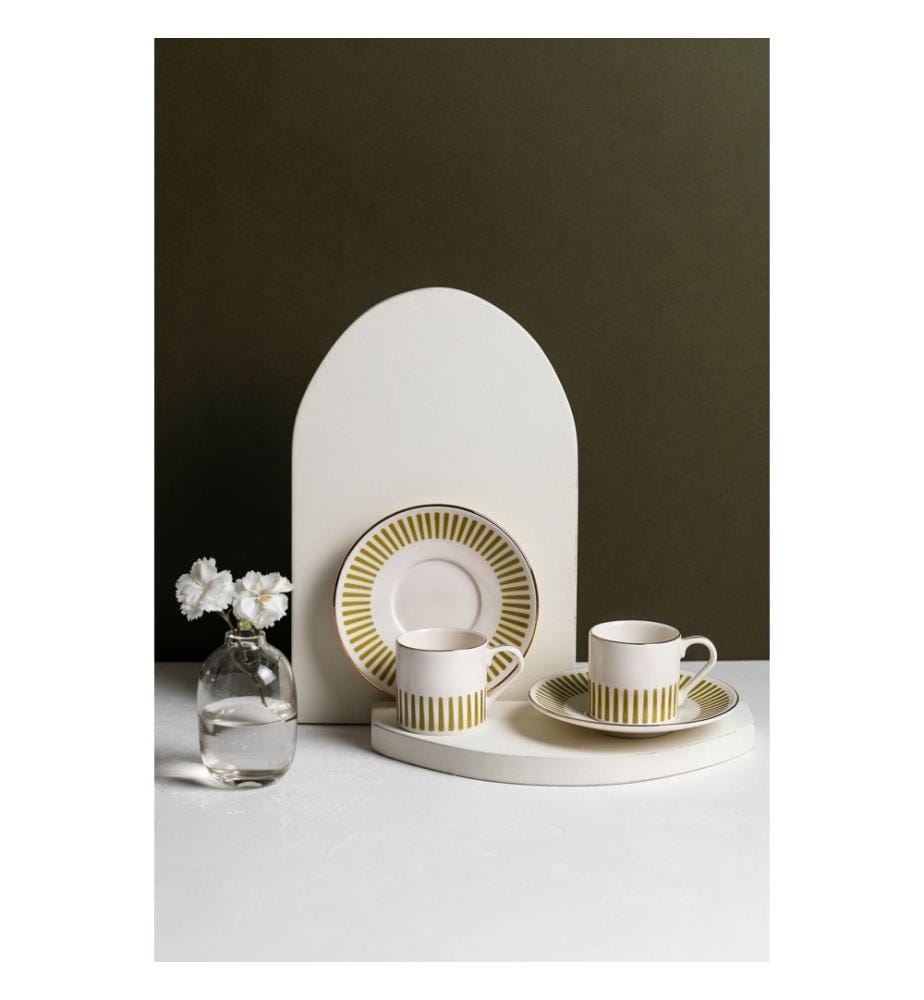 Service à café, 4 pièces, 100 % porcelaine, blanc, doré, vert clair
