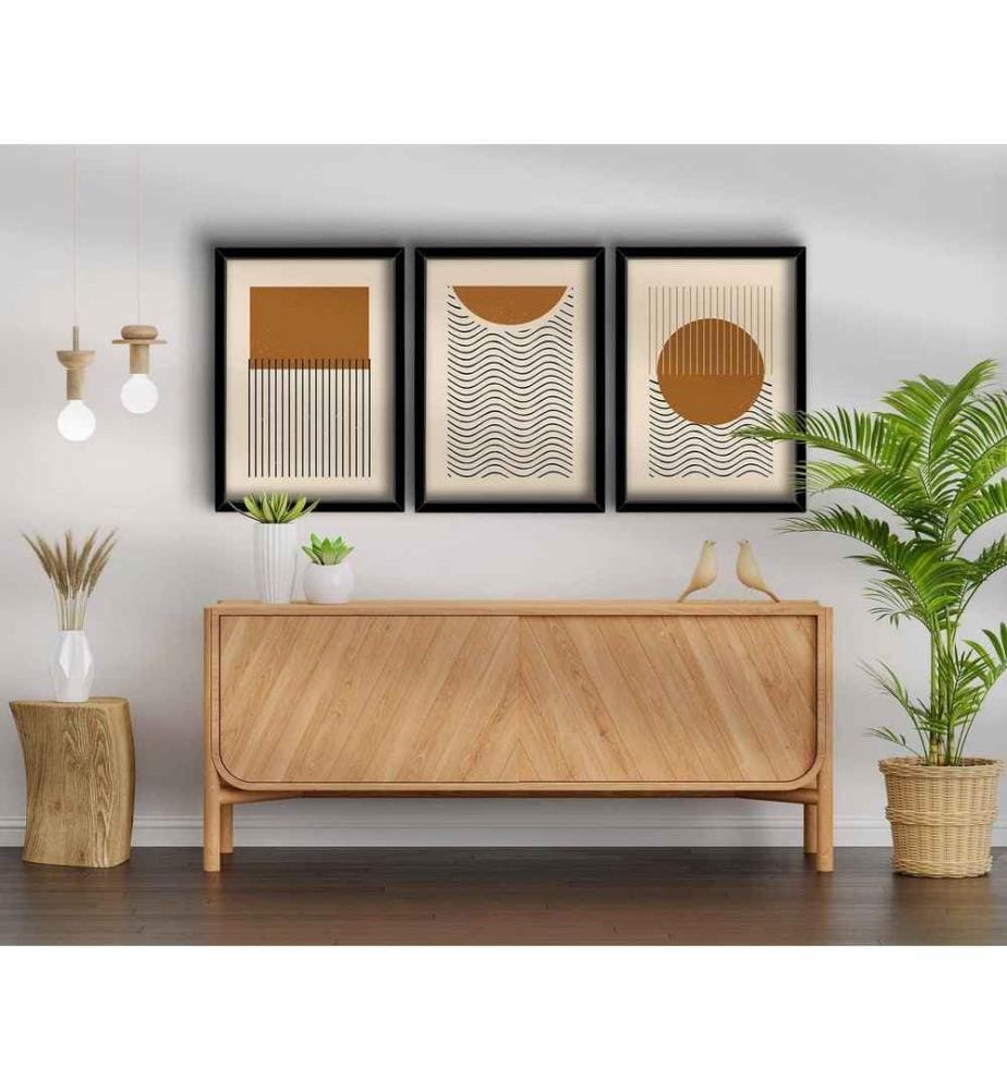 Tableau décoratif encadré en MDF, 3 pièces, marron, beige, noir, 100% MDF, cadre en bois