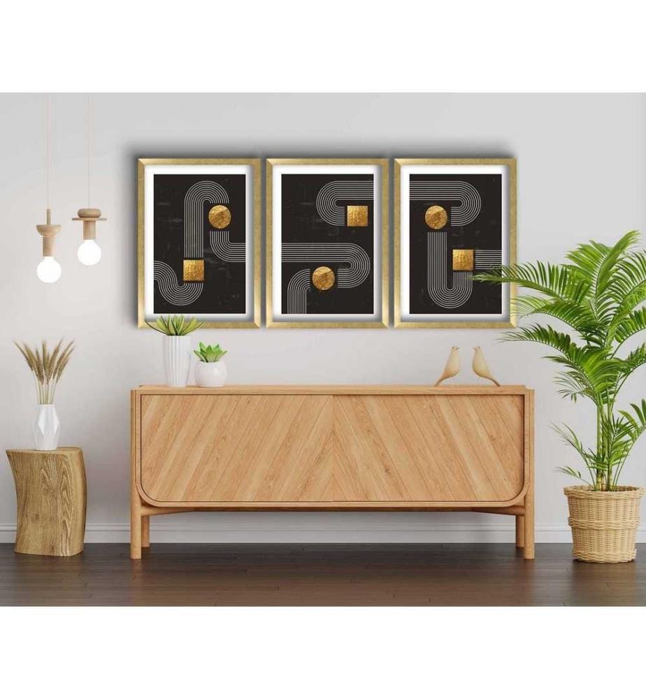 Tableau décoratif encadré en MDF, 3 pièces, or, blanc, noir, 100% MDF, cadre en bois