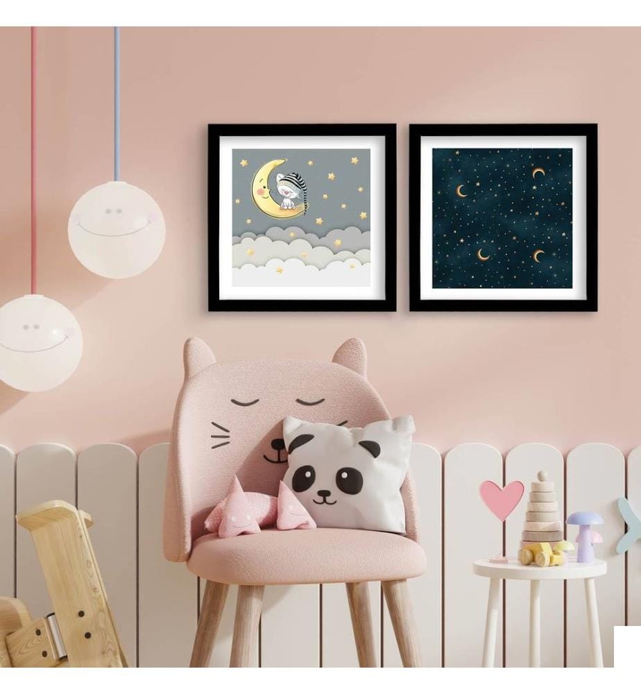 Tableau décoratif encadré en MDF, 2 pièces, bleu marine, blanc, jaune, gris foncé, 100% MDF