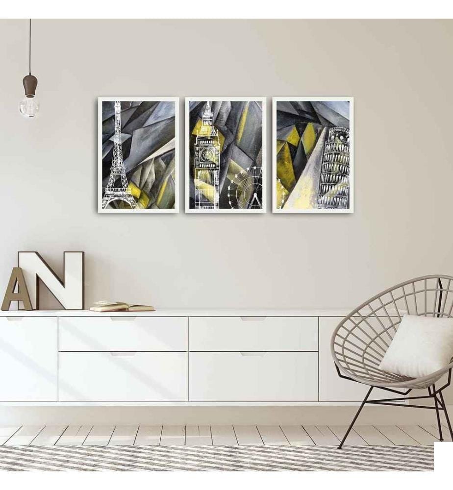 Peinture décorative encadrée MDF, 3 pièces, Multicolore, Peinture MDF, Cadre PVC