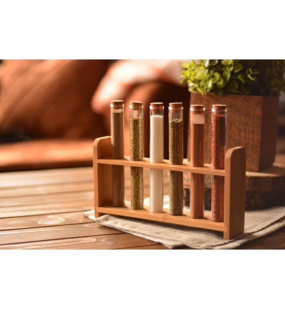 Set de pots à épices, 7 pièces, noyer, blanc, étagère en bambou, pot à épices en céramique