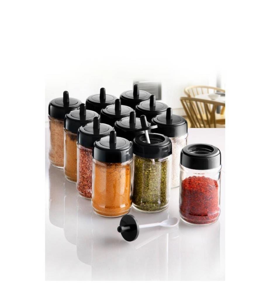 Set de pots à épices, 12 pièces, noir, verre