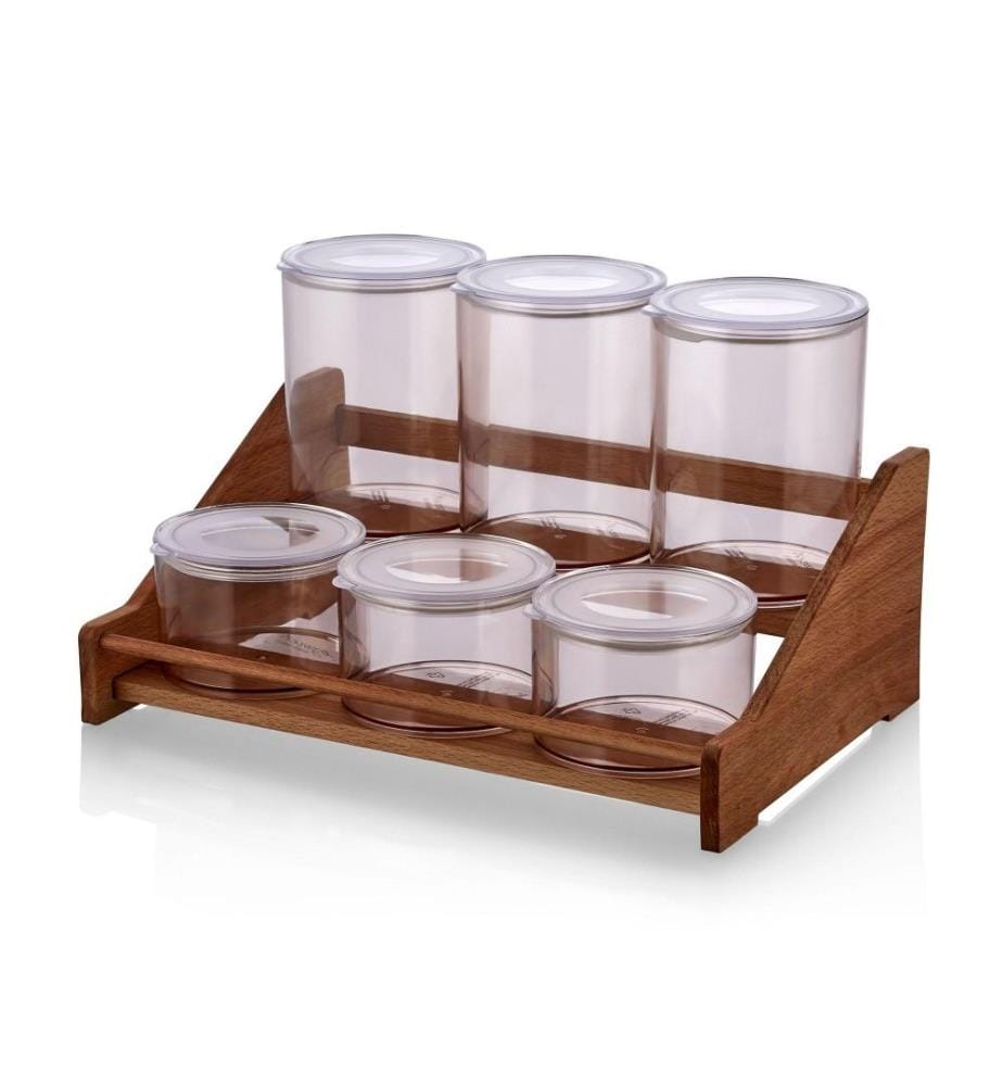 Set de bocaux à épices et étagères de cuisine, en bois, transparent, bocal en plastique, support en bois