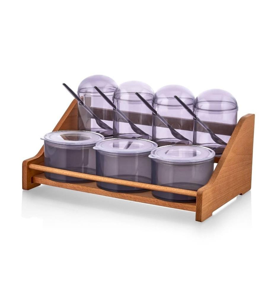 Set bocal à épices et étagère de cuisine, en bois, violet, bocal en plastique, support en bois