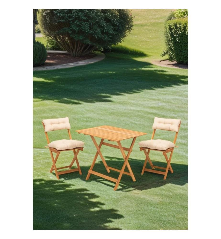Ensemble table et chaises de jardin , 3 pièces, naturel, crème, hêtre