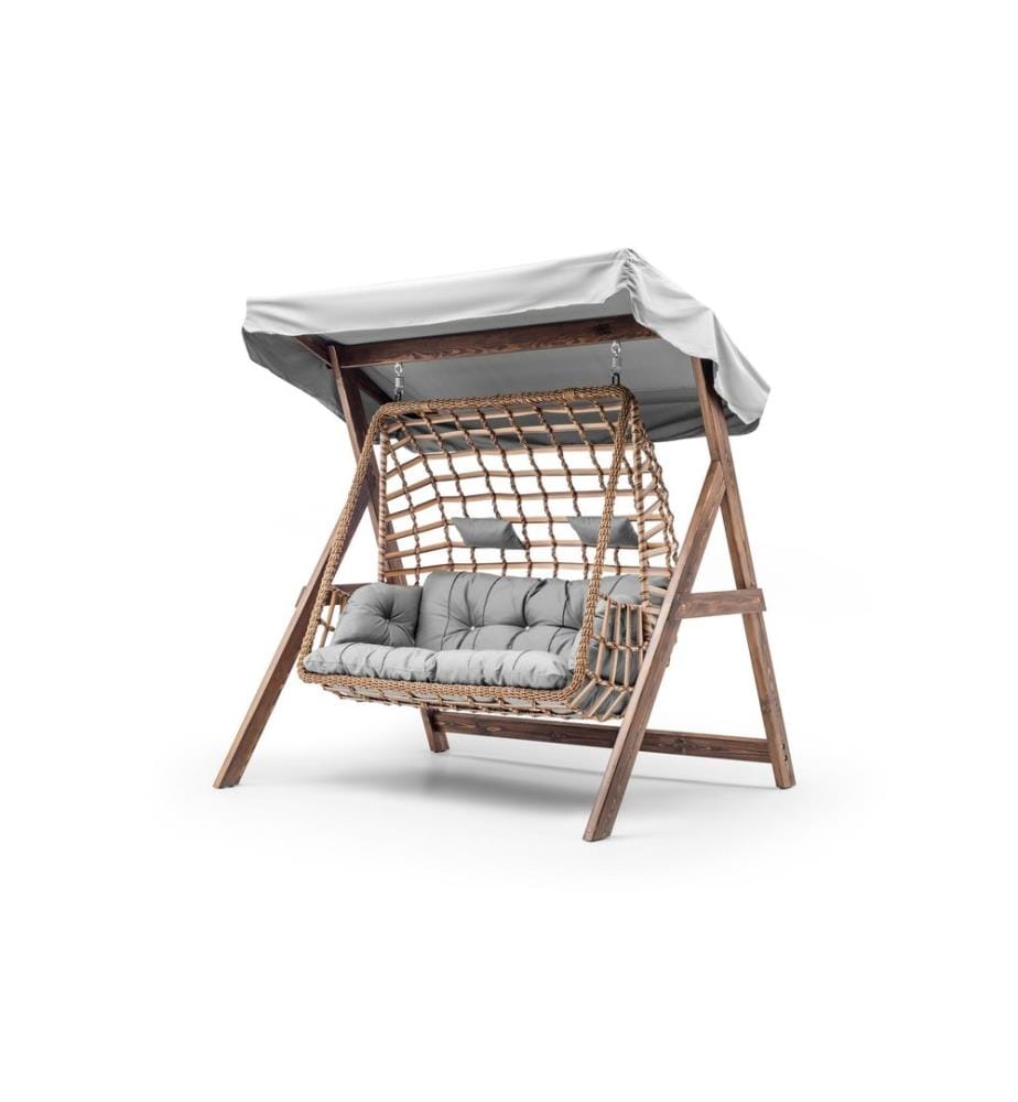 Chaise balançoire double de jardin, gris, cadre : 100% BOIS DE PIN, Tissu : 100% POLYESTER