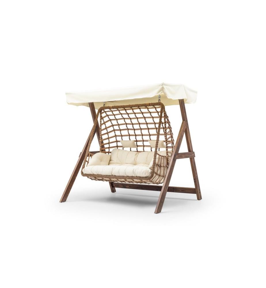 Chaise balançoire double de jardin, crème, cadre : 100% BOIS DE PIN, Tissu : 100% POLYESTER