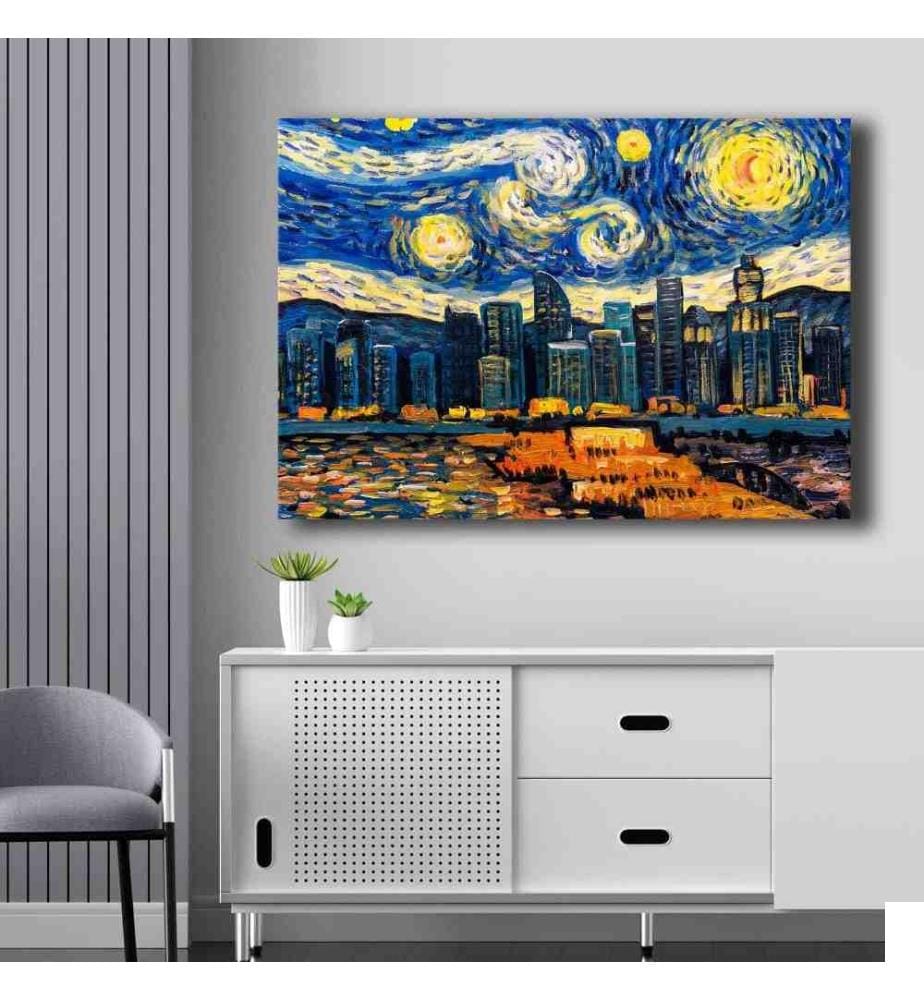 Peinture décorative sur toile, bleu, bleu marine, jaune, orange, toile, cadre en bois de pin