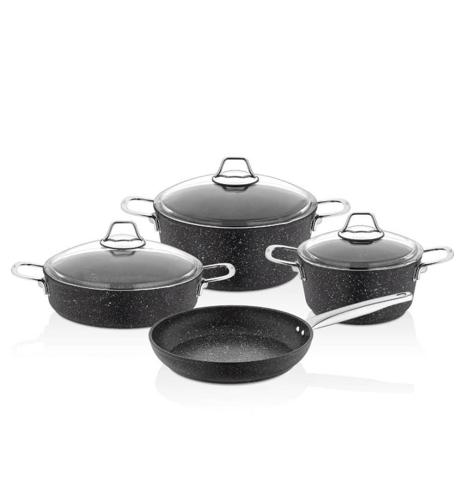 Set de casseroles, 7 pièces, noir, argent, granité