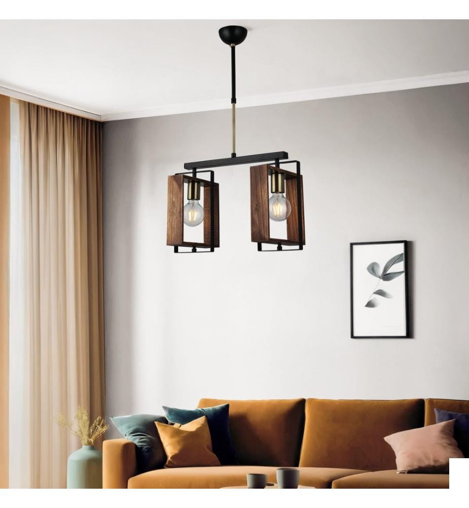 Lustre, aspect antique, noir, CORPS EN MÉTAL, capuchon en bois