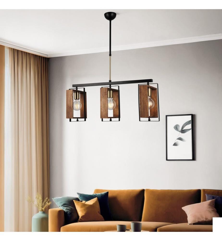 Lustre, aspect antique, noir, CORPS EN MÉTAL, capuchon en bois