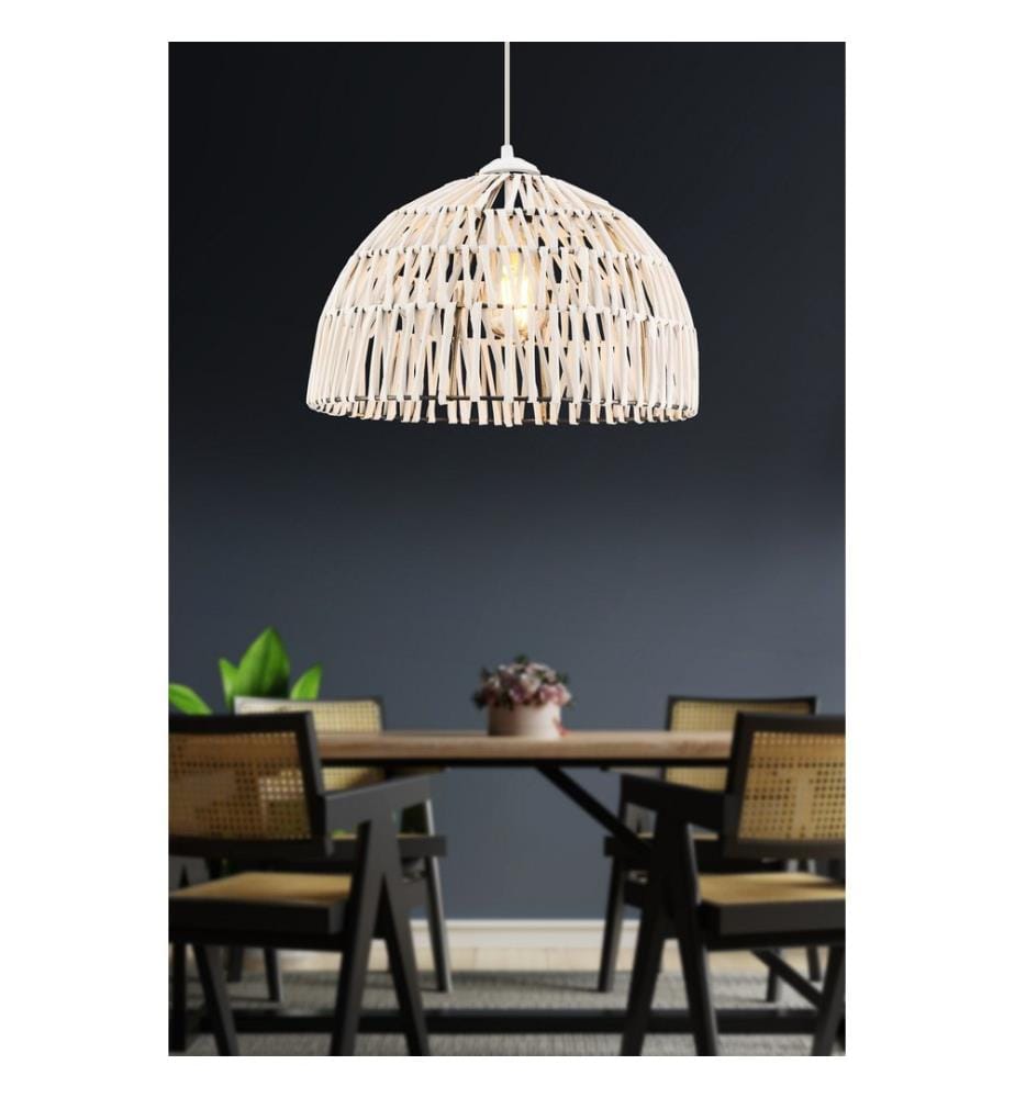 Lustre, blanc, CORPS EN MÉTAL, abat-jour en bambou réplique