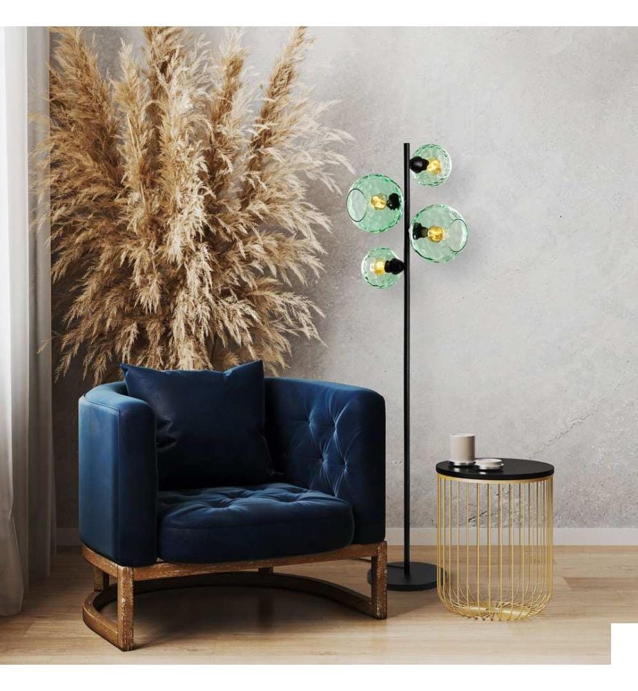 Lampadaire, noir, corps en métal, capuchon en verre