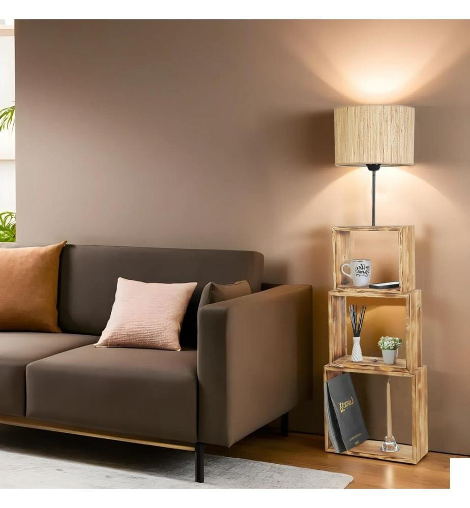 Lampadaire, chêne, bois, CORPS EN MÉTAL / CORPS EN BOIS, capuchon en tissu