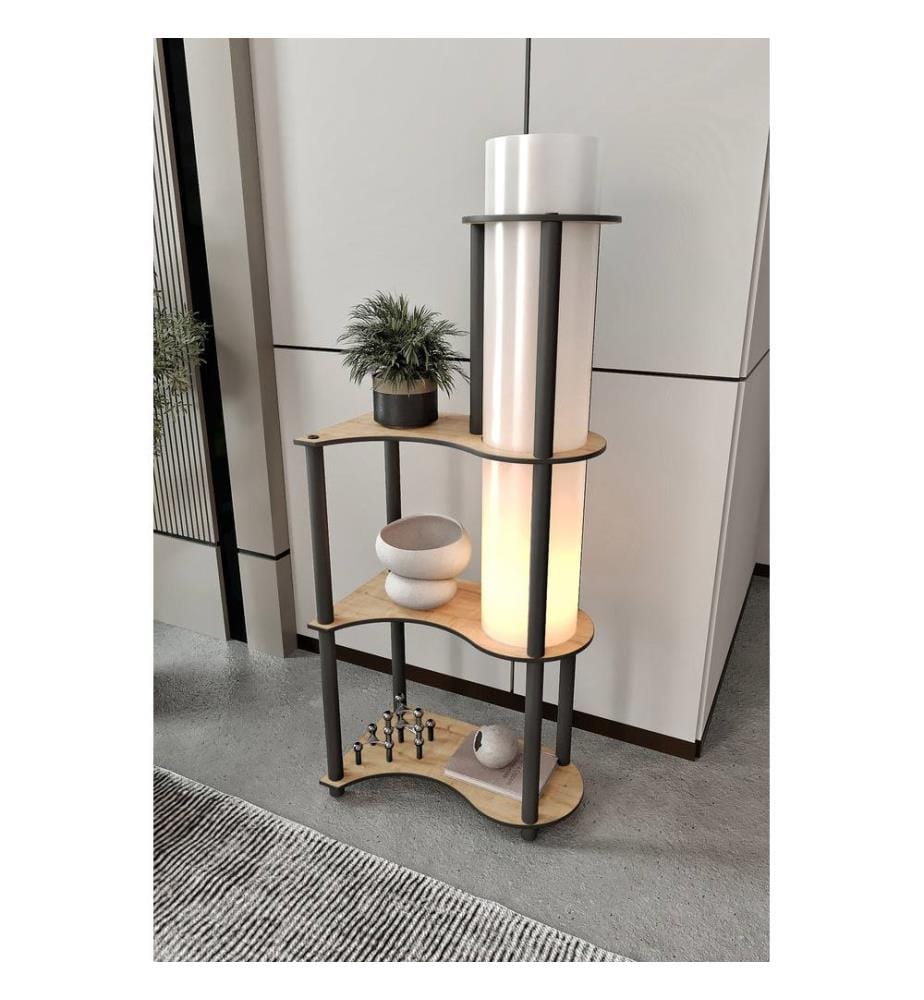 Lampadaire, noyer, corps en papier kraft et MDF, capuchon en PVC