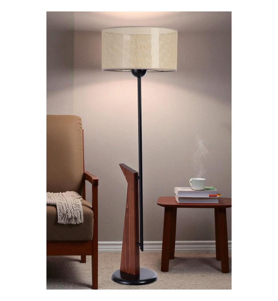 Lampadaire, beige, noir, noyer, corps en métal avec détails en bois