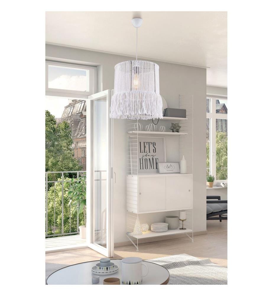 Lustre, blanc, corps en métal, capuchon en corde de macramé