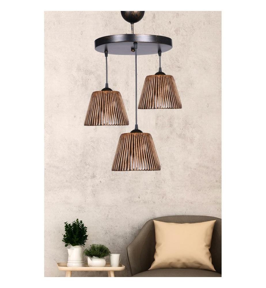 Lustre, Brown, Corps en métal, Chapeau en bois