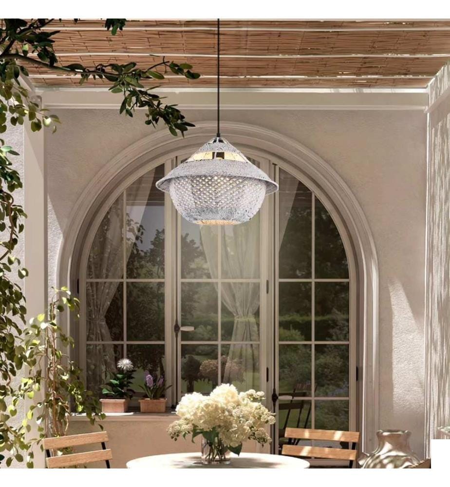 Lustre, blanc, corps en plastic / chapeau en rotin