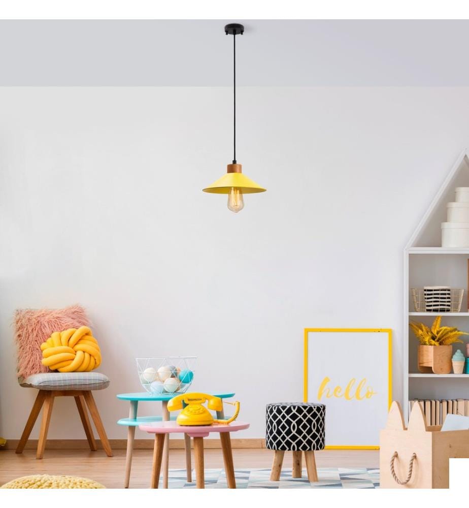 Lustre, Jaune, Corps en métal, Base en bois