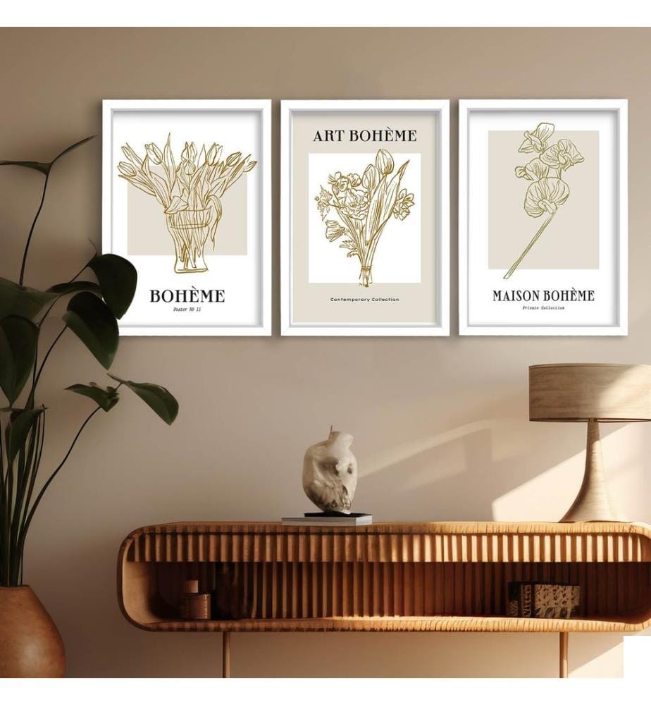 Peinture décorative sur MDF avec cadre, 3 pièces, multicolore, 100 % MDF, cadre : 100 % BOIS