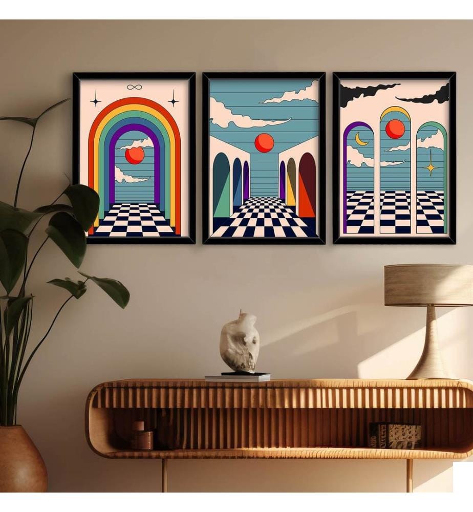 Peinture décorative sur MDF avec cadre, 3 pièces, multicolore, 100 % MDF, cadre : 100 % BOIS
