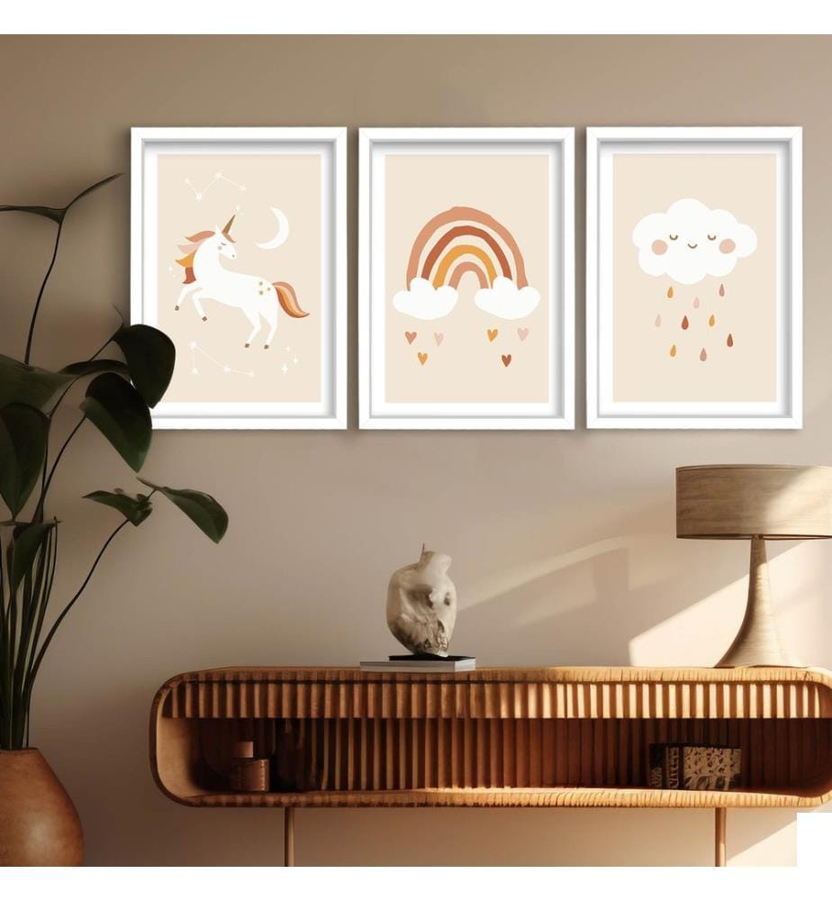 Peinture décorative sur MDF avec cadre, 3 pièces, multicolore, 100 % MDF, cadre : 100 % BOIS