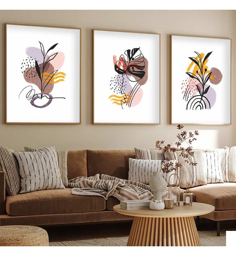 Peinture décorative sur MDF avec cadre, 3 pièces, multicolore, peinture : 100 % MDF, cadre : 100 % BOIS MASSIF