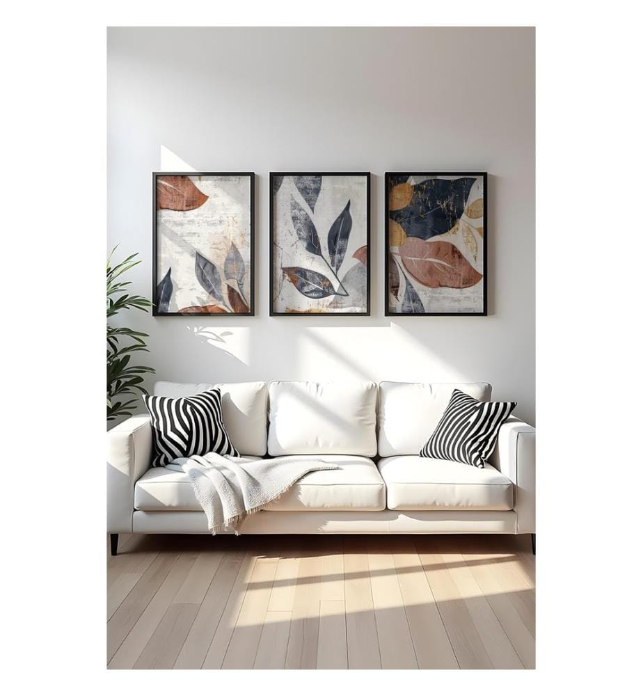 Peinture décorative sur MDF avec cadre, 3 pièces, multicolore, peinture : 100 % MDF, cadre : 100 % BOIS MASSIF