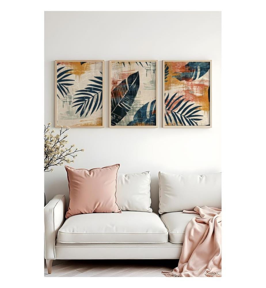 Peinture décorative sur MDF avec cadre, 3 pièces, multicolore, peinture : 100 % MDF, cadre : 100 % BOIS MASSIF