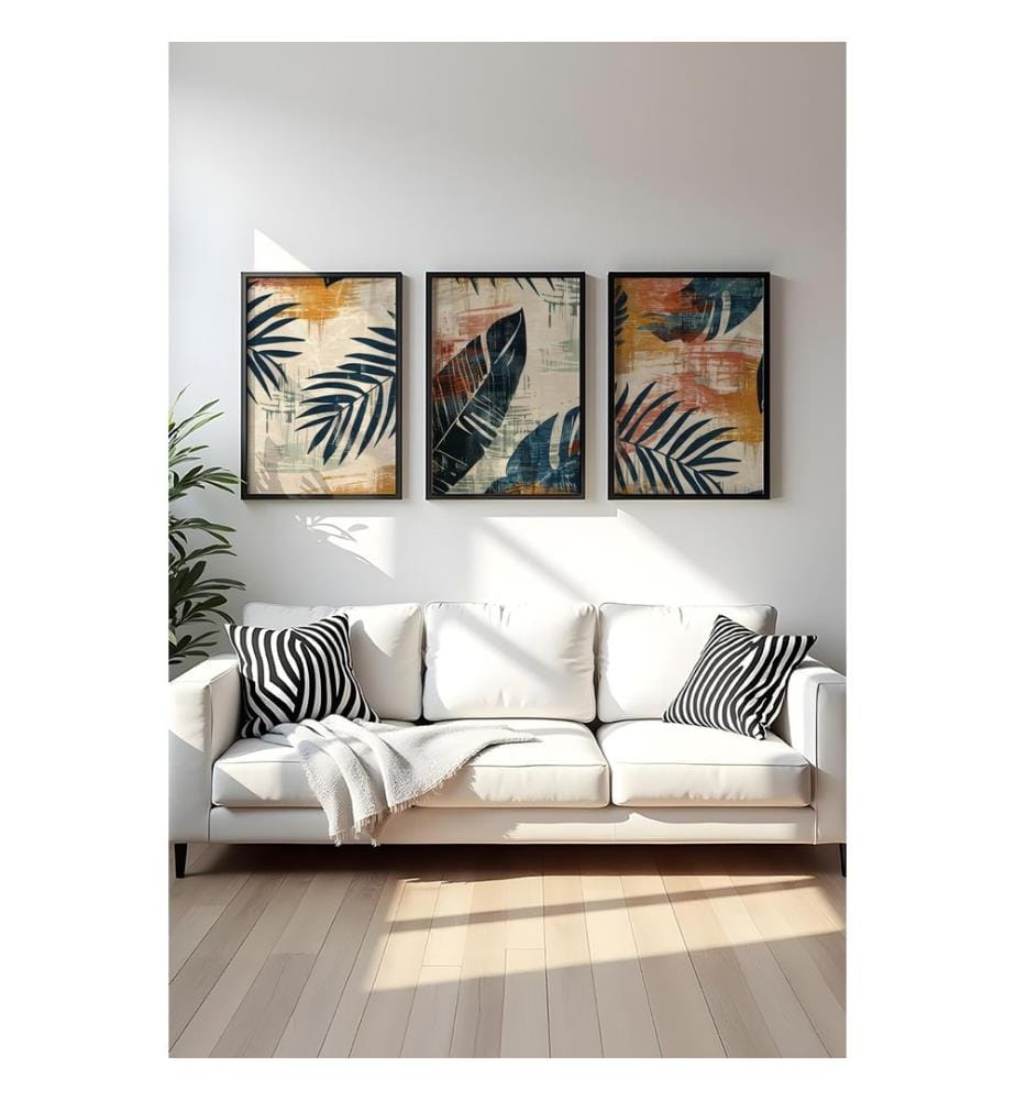 Peinture décorative sur MDF avec cadre, 3 pièces, multicolore, peinture : 100 % MDF, cadre : 100 % BOIS MASSIF