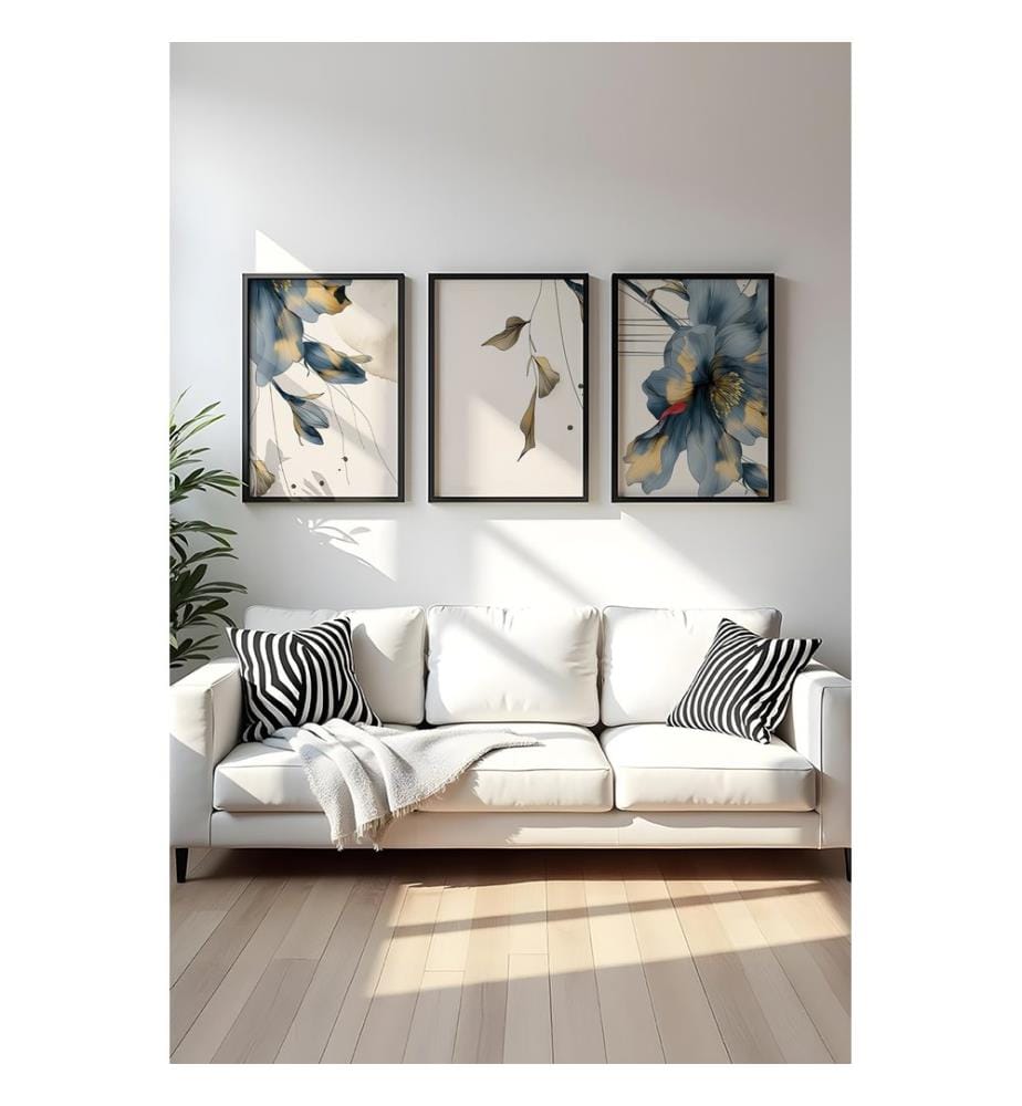 Peinture décorative sur MDF avec cadre, 3 pièces, multicolore, peinture : 100 % MDF, cadre : 100 % BOIS MASSIF