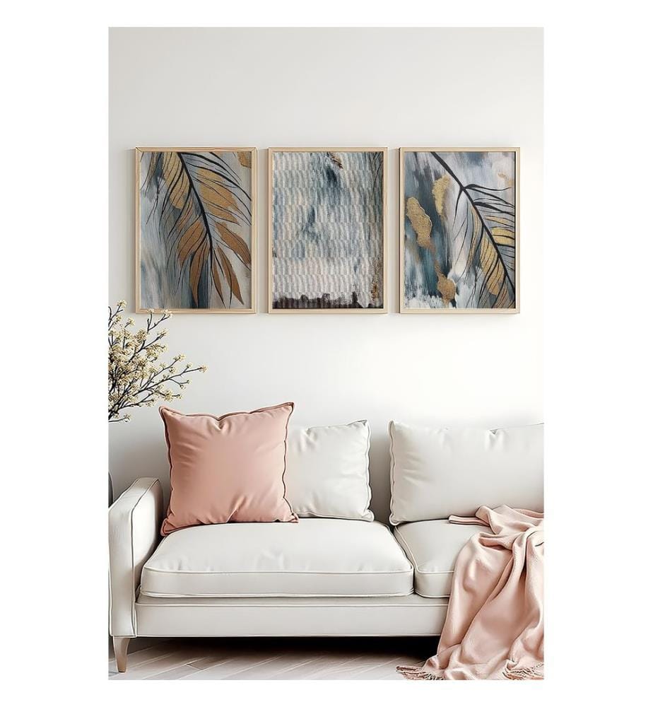Peinture décorative sur MDF avec cadre, 3 pièces, multicolore, peinture : 100 % MDF, cadre : 100 % BOIS MASSIF