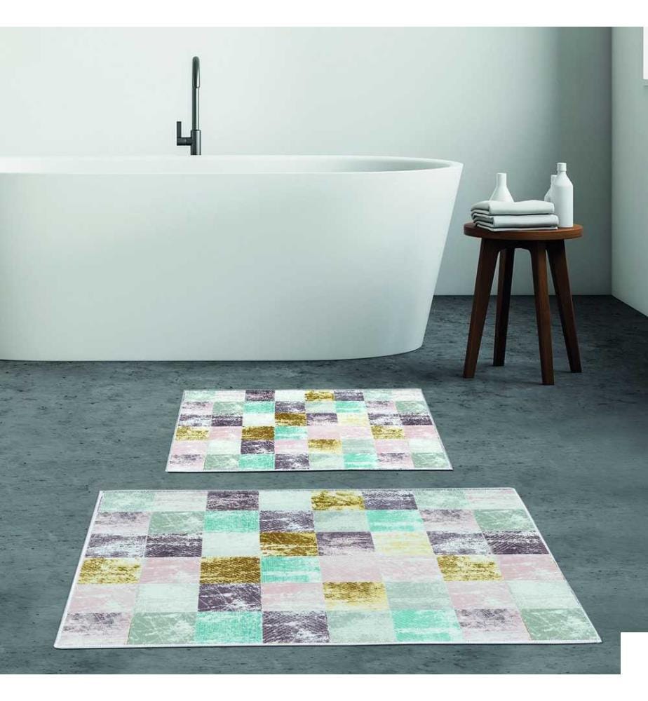 Set de tapis de bain, 2 pièces, multicolore, 100% polyester, dessous antidérapant