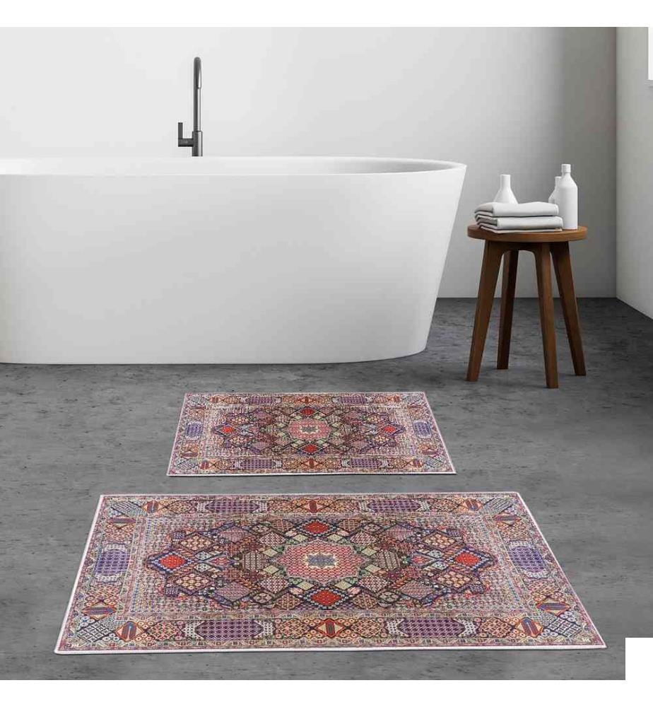 Set de tapis de bain, 2 pièces, multicolore, 100% polyester, dessous antidérapant