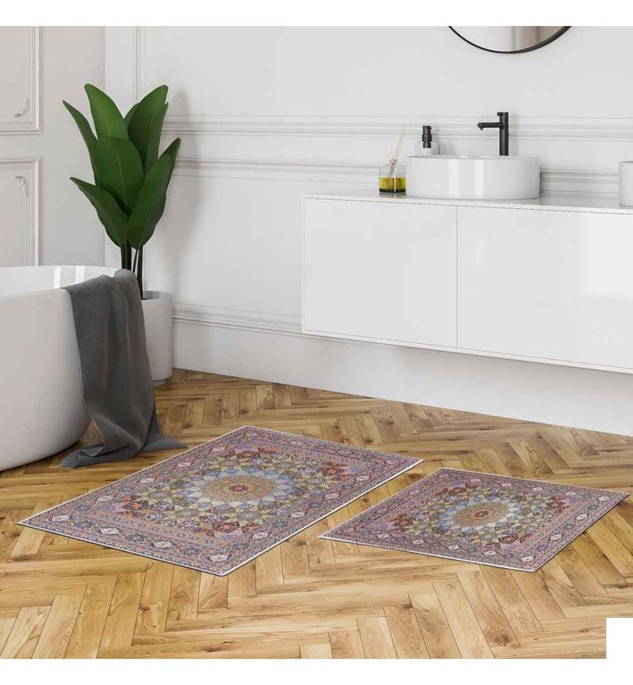 Set de tapis de bain, 2 pièces, multicolore, 100% polyester, dessous antidérapant